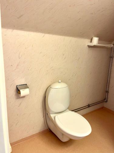 a bathroom with a toilet and a roll of toilet paper at Trollebo Säteri in Vetlanda