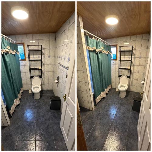 two pictures of a bathroom with two toilets at Casa in Castro