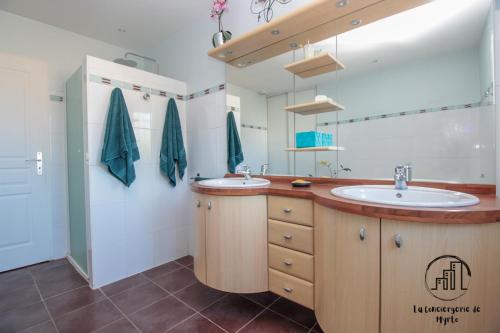 a bathroom with two sinks and a large mirror at Villa du Chanoine Clim Piscine Wifi in Albi