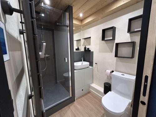 une salle de bain avec une douche, des toilettes et un lavabo dans l'établissement Appartement rénové 2 pièces cabine avec balcon et accès piscine - Méribel - FR-1-180-637, à Les Allues