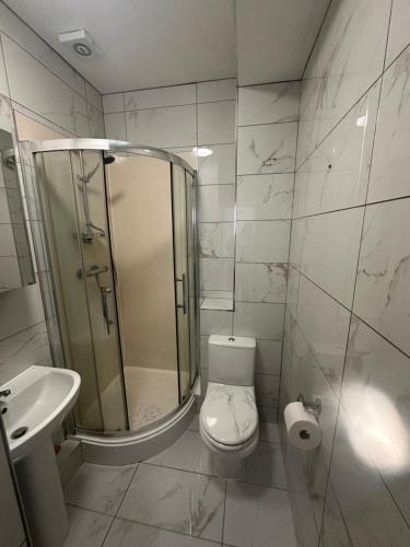 un bagno con doccia, WC e lavandino di Dorchester Town Centre Entire Apartment a Dorchester
