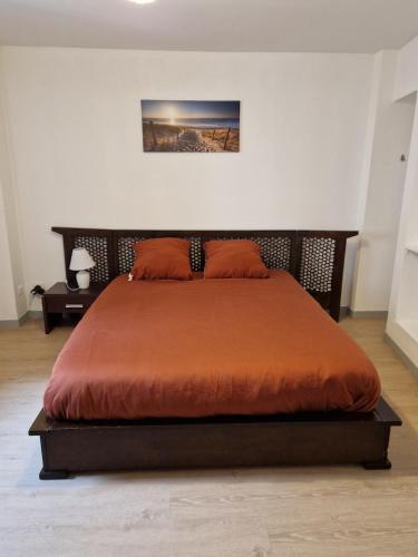 une chambre avec un grand lit avec une couverture orange dans l'établissement Appartement atypique au cœur de Gray, à Gray