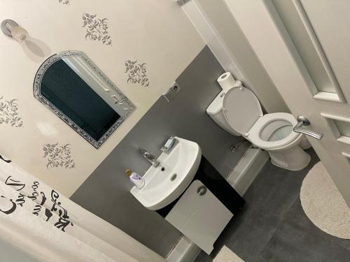 ein Badezimmer mit Toilette, Waschbecken und Spiegel in der Unterkunft Видовые апартаменты рядом клиника Рахманова in Dnipro