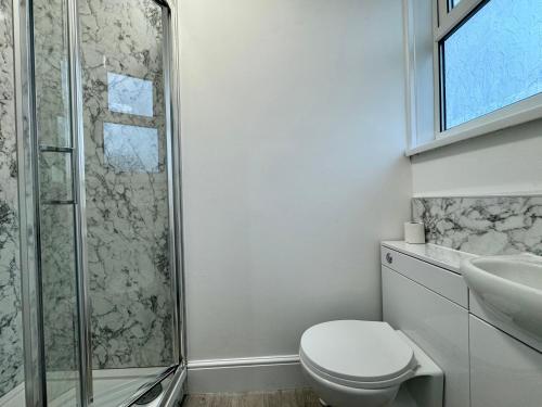 a bathroom with a shower and a toilet and a sink at The Lodge Southampton in Southampton