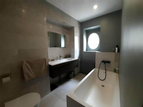 une salle de bain avec une baignoire et un lavabo et une baignoire dans l'établissement Apartment Carrelet de Loisy, à Dijon