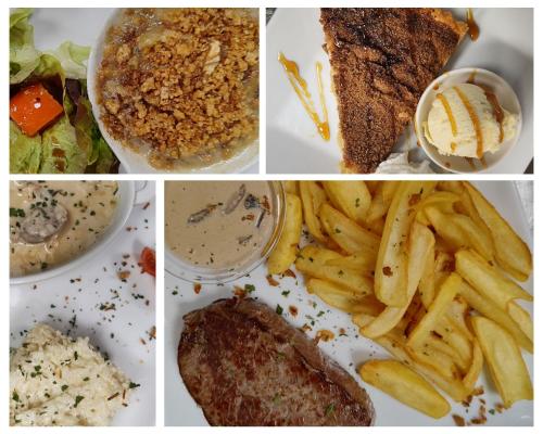 un collage de quatre photos de différents types de denrées alimentaires dans l'établissement Logis Hôtel Restaurant du Midi - Rodez Centre, à Rodez