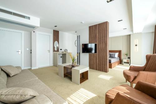 a living room with a couch and a tv at Euphrates Hotel Bursa in İhsaniye