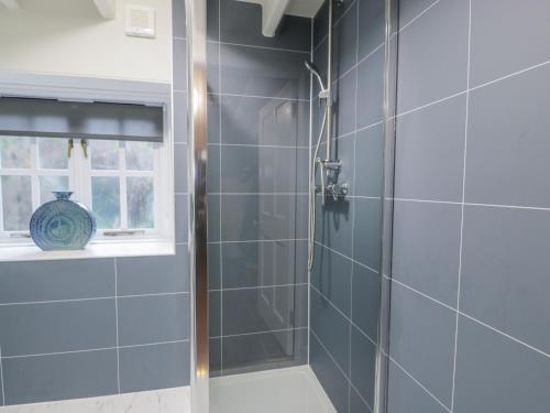 a bathroom with a shower with blue tiles at Blue Door - Kirkcudbright in Kirkcudbright