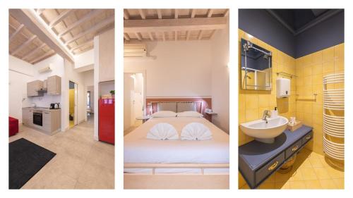 Dos fotografías de un dormitorio con una cama y un lavabo. en Villa Strozzi Travel Apartment, en Florencia