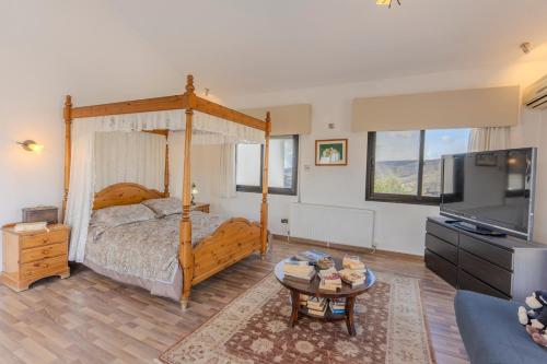 a bedroom with a canopy bed and a television at Great property - amazing views in Limassol