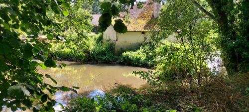 a river in front of a building and a house at Moulin en Route in Blèves