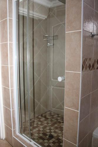 a shower with a glass door in a bathroom at Ebenhaeser guesthouse in Colesberg