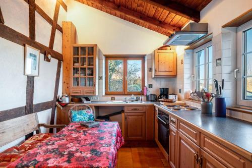a kitchen with wooden cabinets and a counter top at Maison Fleurie in Schwabwiller
