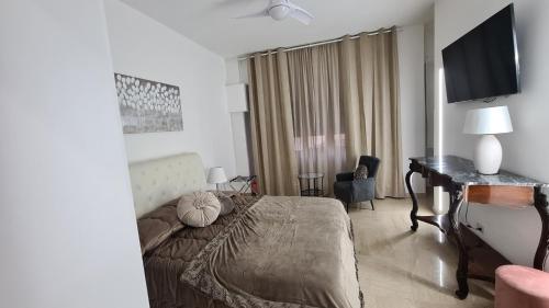 a bedroom with a bed and a desk and a television at Ruggero Settimo Prestige in Palermo