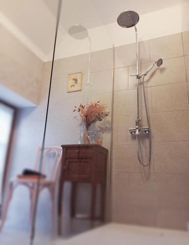 une salle de bain avec douche avec un vase de fleurs dans l'établissement La Ferme de Plénoise Chambre & Table d'hôtes, à Fricambault