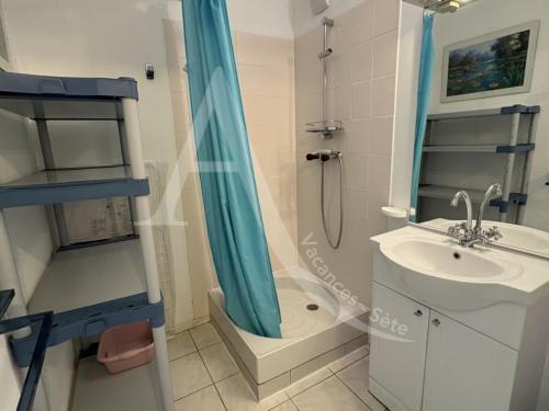 une salle de bain avec douche et lavabo dans l'établissement 1ERE LIGNE PORT DE SETE, 1 CHAMBRE, PKG, PISCINE, à Sète