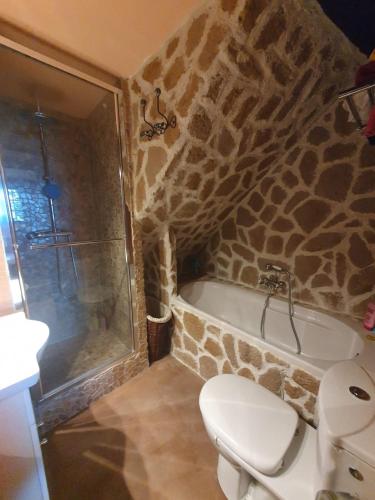 La salle de bains est pourvue d'une douche, de toilettes et d'une baignoire. dans l'établissement Charmant Appartement au Broc, à Le Broc