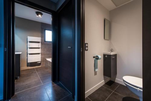 une salle de bain avec toilettes, lavabo et miroir dans l'établissement La Prairie, à Annecy