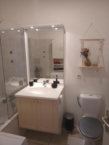 une salle de bain avec un lavabo, des toilettes et une douche dans l'établissement T3 duplex malibu village pass piscine en supplément 2 a 8 personnes, à Canet