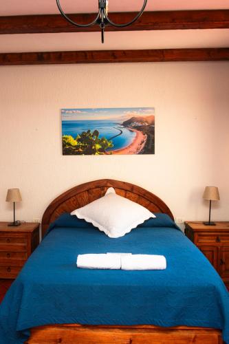 a bedroom with a blue bed with a picture on the wall at Hotel Las Cañadas in La Esperanza