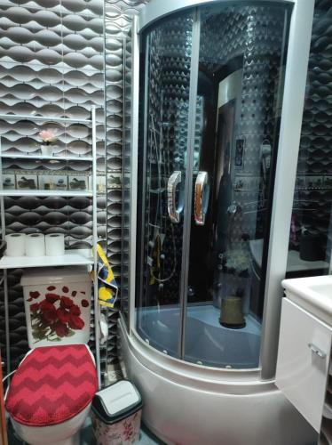 a bathroom with a shower with a toilet and a sink at Charming Moroccan apartment in Casablanca