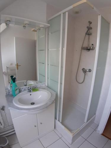 une salle de bain blanche avec lavabo et douche dans l'établissement Opal'In, au Crotoy
