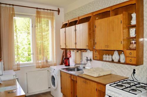 a kitchen with a sink and a washing machine at Vila Daniela in Karlovy Vary