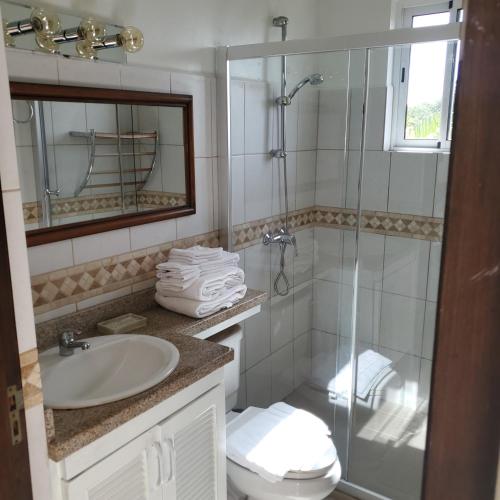 a bathroom with a shower and a toilet and a sink at Bohemian Townhouse Palm Beach Aruba in Palm-Eagle Beach