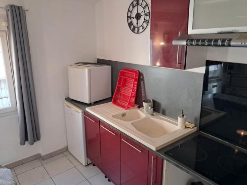 une cuisine avec un évier et un micro-ondes dans l'établissement le duplex charmant et cosy, à Narbonne