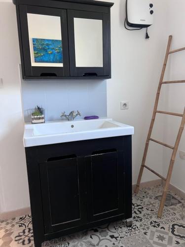 - un lavabo avec une armoire noire et une échelle dans l'établissement Jolie maison avec jardin, 2 chambres, à Saint-Jean-de-Fos