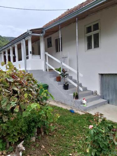 a white house with stairs and a yard at Seosko turisticko domacinstvo Milanovic in Žuč