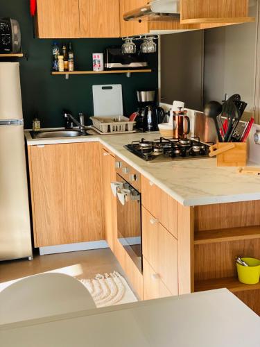 une cuisine avec un évier et une cuisinière four supérieur dans l'établissement Mobilhome 8 personnes cosy tout équipé avec vue sur bassin, cap ferret, à Lège-Cap-Ferret