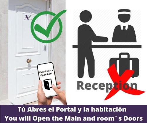 un cartel con un hombre y un hombre sosteniendo un celular en AYZ Ulises - Auto check-in property, en Madrid