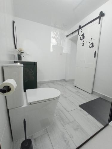 a white bathroom with a toilet and a shower at Casa Encarnita in Arcos de la Frontera