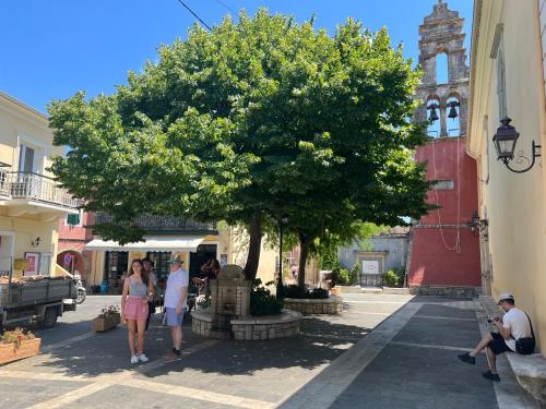 a group of people standing under a tree in a street at Villa Alexakis Doukades in Doukádes