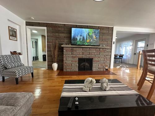 a living room with a fireplace and a flat screen tv at Pointe Calumet, 30 minutes de Montréal in Pointe-Calumet