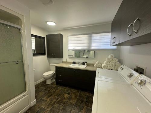 a bathroom with a sink and a toilet in it at Pointe Calumet, 30 minutes de Montréal max 8 pers in Pointe-Calumet