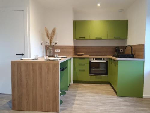 une cuisine avec des placards verts et un comptoir dans l'établissement De l'herbe jusqu'aux genoux - appartement 60 m2, à La Vancelle