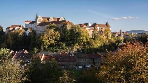 a town on a hill with buildings and trees at Tolle Wohnung In Niedergurig Mit Garten, Grill Und Sauna in Malschwitz