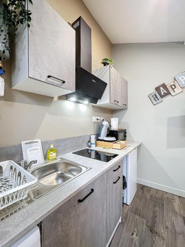 une cuisine avec un évier et un plan de travail dans l'établissement Appartement tout neuf 2 pers N4, à Riom