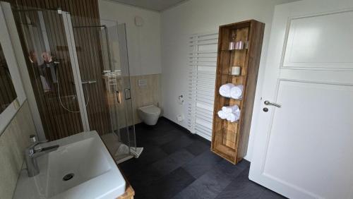 a bathroom with a shower and a sink and a toilet at Ferienwohnung Streckhofidylle in Osterode