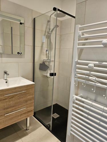 une salle de bain avec douche et lavabo dans l'établissement La Berne'rit, à La Bernerie-en-Retz