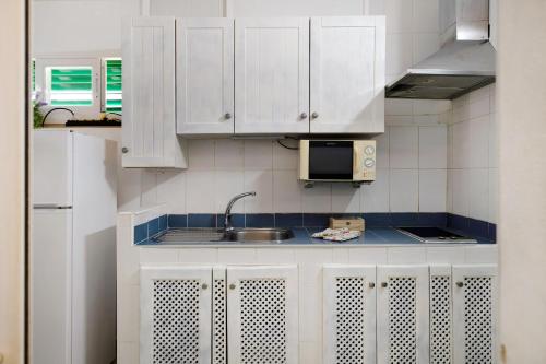 een witte keuken met een spoelbak en een magnetron bij El Palmeral in Playa Blanca