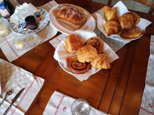- une table garnie de différents types de viennoiseries et de pain dans l'établissement Chez Eugène et Valérie, à Saint-Cybardeaux