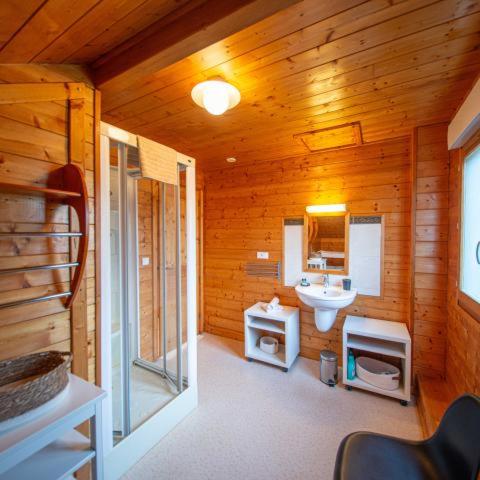 a wooden bathroom with a sink and a toilet at Chalet Lipa - Confort et Sauna au cœur des Vosges in La Bresse