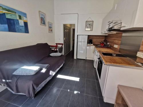 un salon avec un canapé et une cuisine dans l'établissement Neptuna, au Cap d'Agde