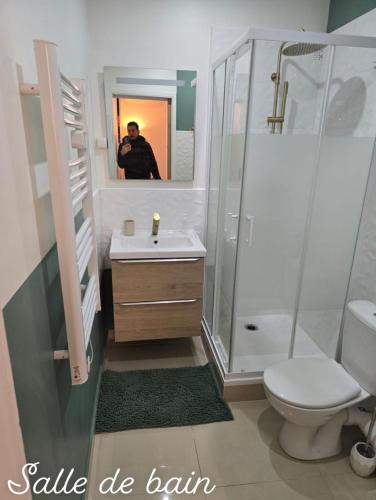une salle de bain avec un lavabo, une douche et des toilettes dans l'établissement Studio chic moderne Marseille, à Marseille