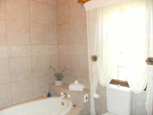 a bathroom with a tub and a toilet and a window at Mulligans Guest Lodge in Hermanus