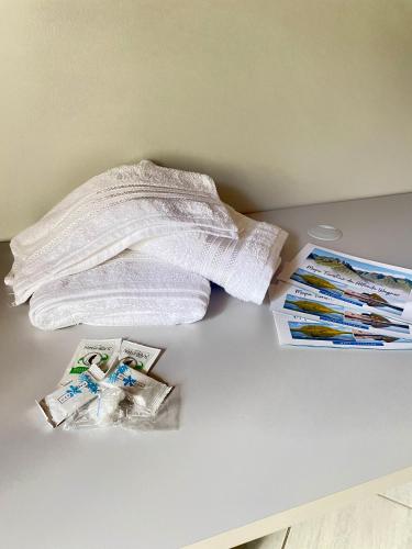a pile of towels and magazines on a table at Kitnet Espaço Aconchego in Alfredo Wagner