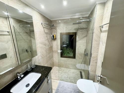 a bathroom with a shower and a sink and a toilet at Luxury 2 Bedrooms Ocean View Iguazu in Playa del Ingles